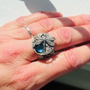 Silver Dragonfly Cocktail Ring with Blue Gem